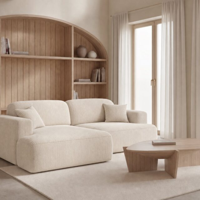 Canapé Chiara Angle beige en velours côtelé avec méridienne d’angle