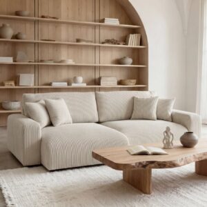 Canapé d'angle Ena beige avec méridienne et couchage convertible