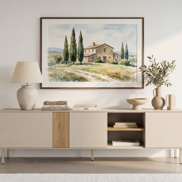 Meuble TV Eldio beige, annoncé en 180 × 35 × 51 cm