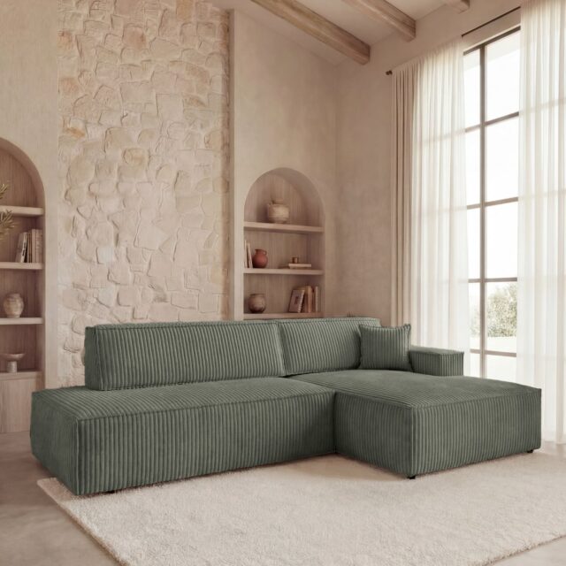 Canapé d'angle Laria vert avec méridienne et couchage annoncé
