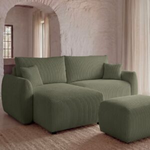 Canapé d'angle Duo Elio Angle Mini vert en petit velours côtelé avec méridienne