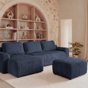 Canapé d'angle Duo Elvis bleu avec méridienne et pouf assorti