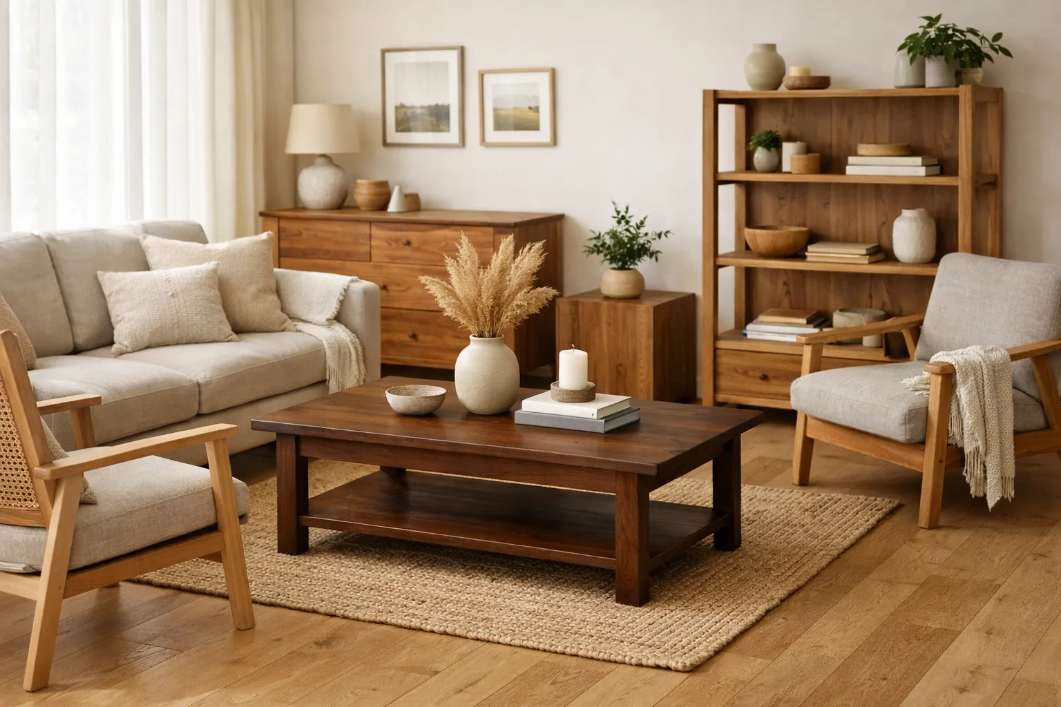 Salon avec parquet clair, table basse en bois foncé et étagère en bois de teinte moyenne.