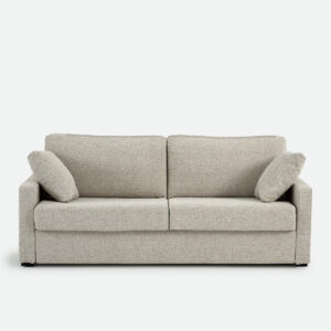 Canapé convertible Timor beige en tissu moucheté, présenté en version deux places