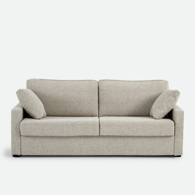 Canapé convertible Timor beige en tissu moucheté, présenté en version deux places