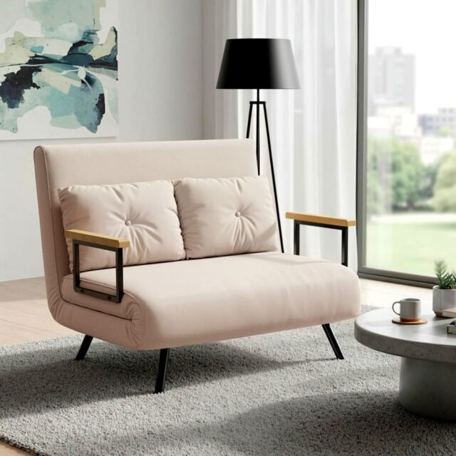 Canapé convertible Homcom beige ouvert en position couchage avec deux coussins