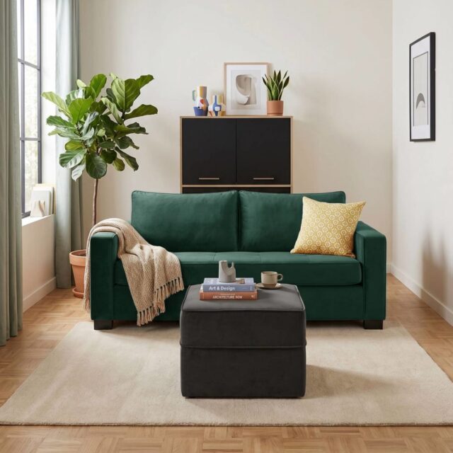 Canapé convertible CAMIF Octave en velours vert avec accoudoirs capitonnés