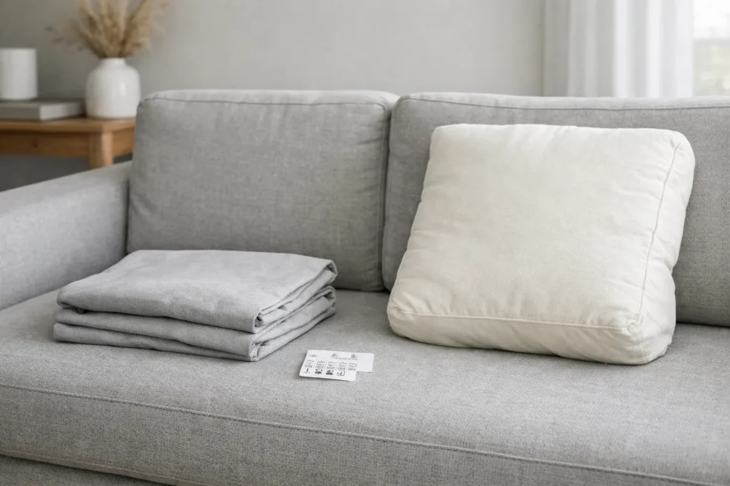 Housse de canapé retirée et pliée près d’un coussin déhoussé, avec une étiquette d’entretien visible.