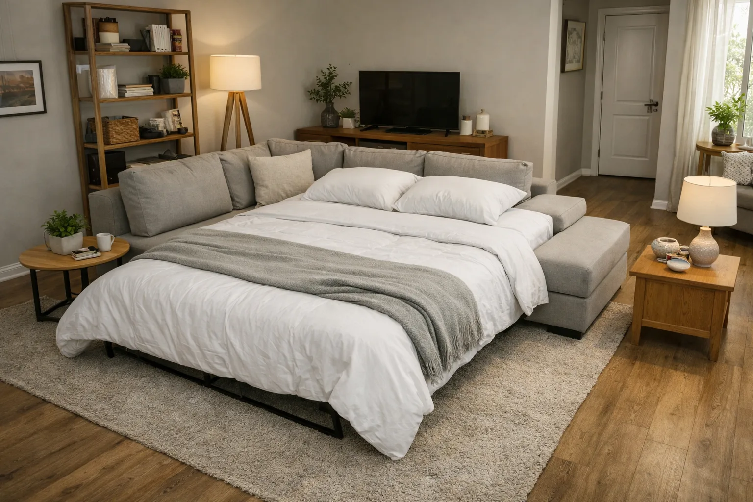 Canapé d’angle converti en couchage dans un séjour, avec la table basse déplacée et un passage libre.