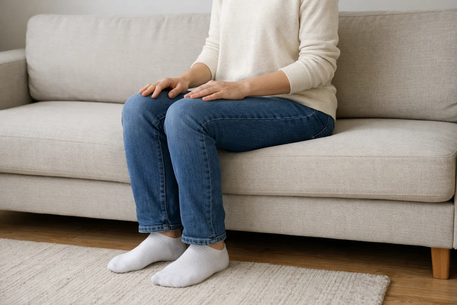 Personne assise sur un canapé, les pieds au sol, pour observer la posture et le soutien du dos.