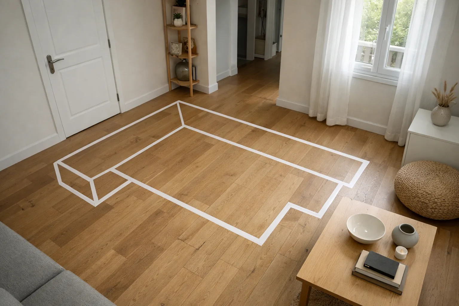 Contour d’un canapé tracé au sol dans un séjour, entre une porte et une fenêtre.