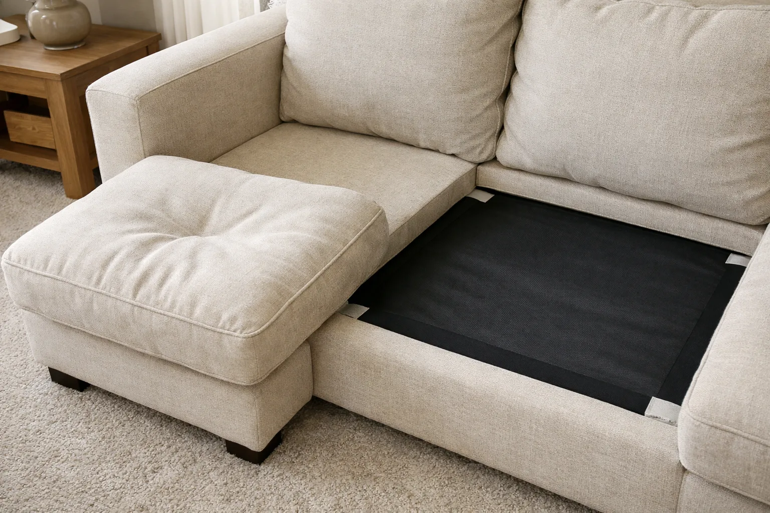 Coussin d’assise légèrement creusé posé à côté du support découvert d’un canapé.