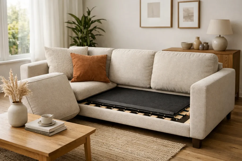 Canapé dont un coussin d’assise a été retiré, laissant voir le support sous la place concernée.