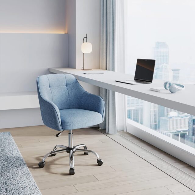 Chaise de bureau SONGMICS bleue en tissu coton-lin avec dossier rembourré