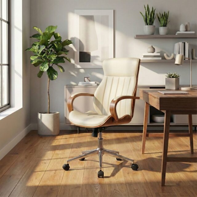 Fauteuil de bureau CLP Melilla beige avec dossier haut, accoudoirs et base chromée