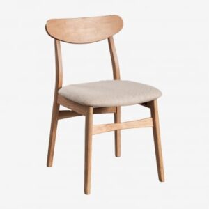 Chaise Cloda Sklum en bois naturel avec assise beige rembourrée en tissu