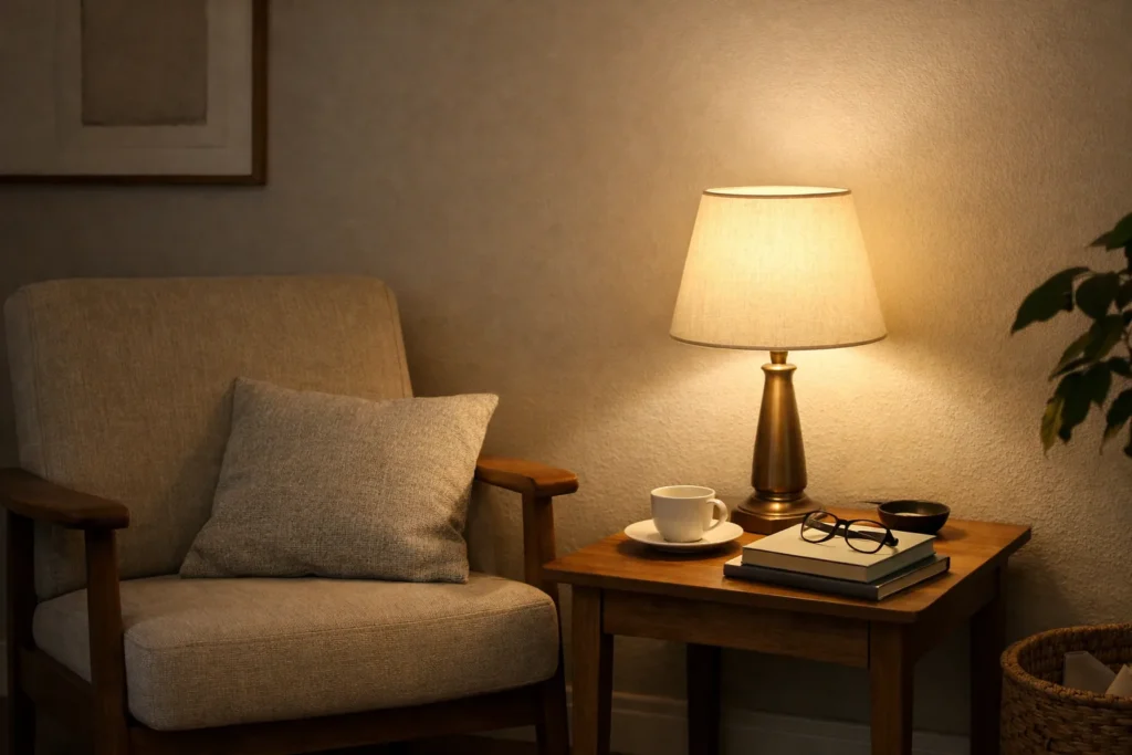 Lampe à poser avec abat-jour en tissu clair près d’un fauteuil, diffusant une lumière douce sur une table.
