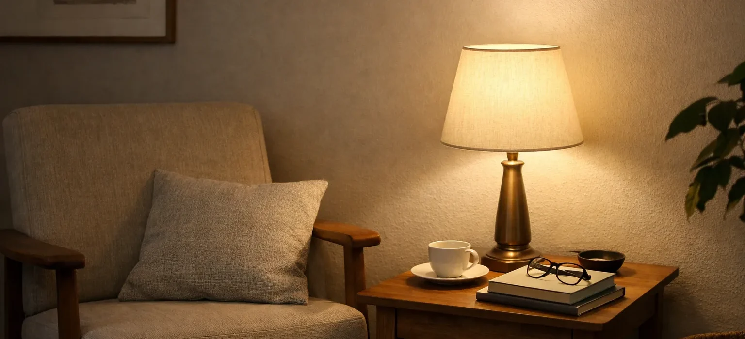 Lampe à poser avec abat-jour en tissu clair près d’un fauteuil, diffusant une lumière douce sur une table.
