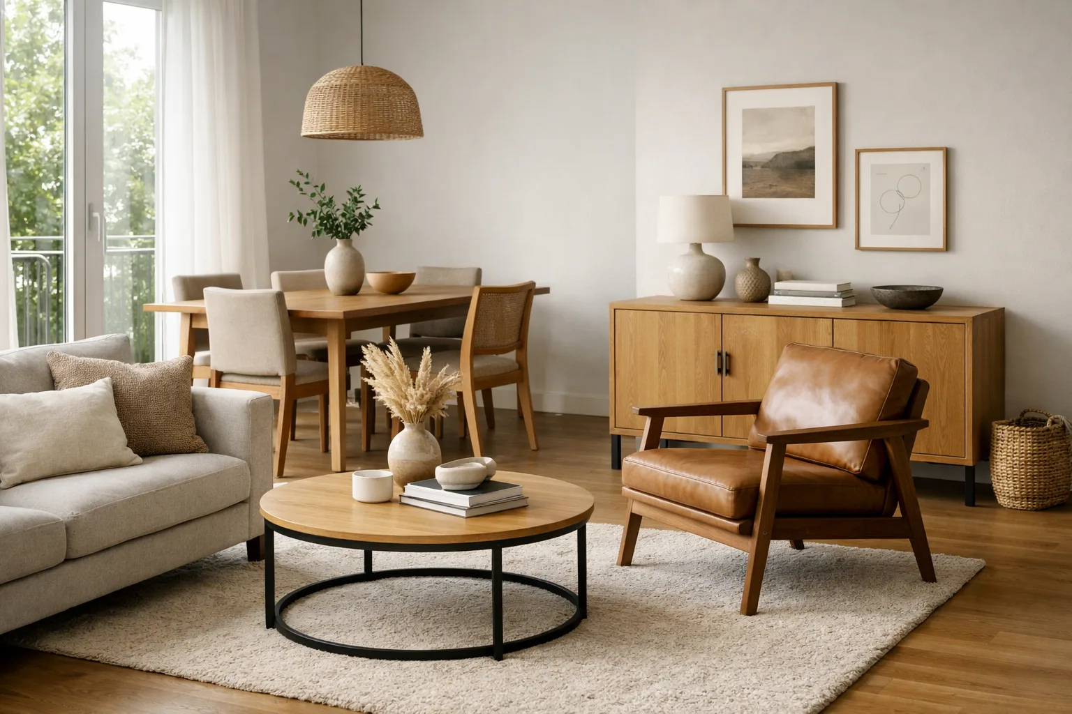 Séjour avec canapé, fauteuil, table basse et meuble de rangement disposés autour d’un passage dégagé.