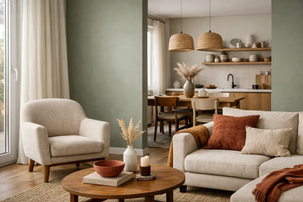 Séjour avec un mur vert doux, un fauteuil en tissu clair, des rideaux et des coussins aux teintes terre cuite.