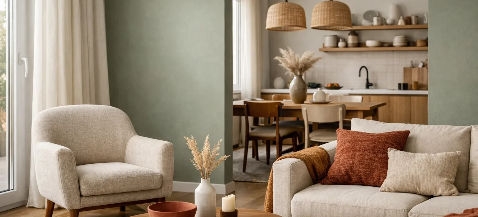 Séjour avec un mur vert doux, un fauteuil en tissu clair, des rideaux et des coussins aux teintes terre cuite.