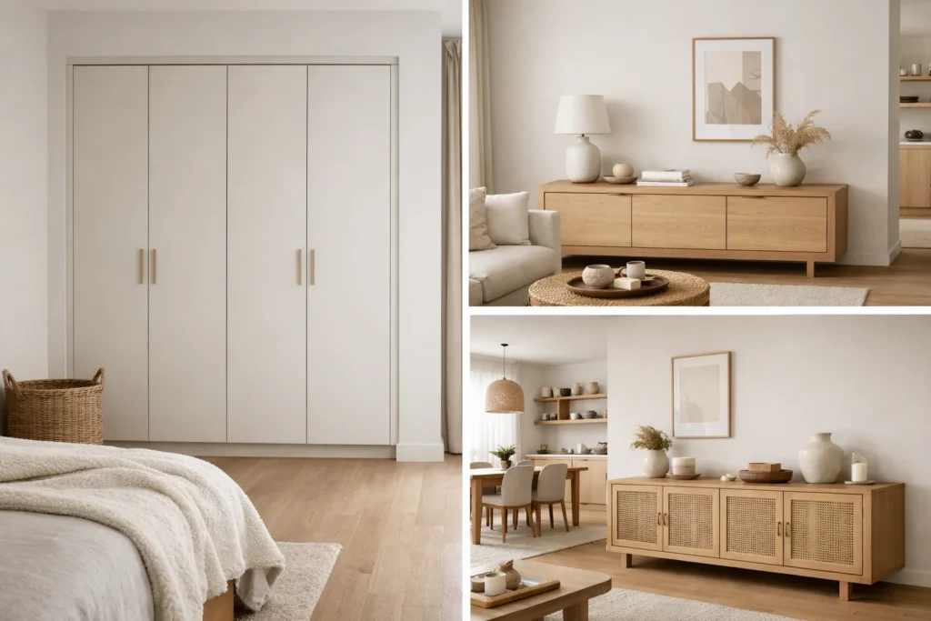 Une armoire dans une chambre et un buffet bas dans un séjour, avec une commode placée contre le mur.