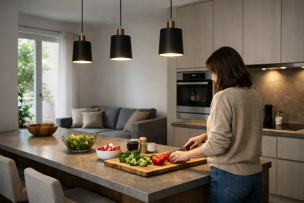 Une personne prépare des légumes sur un îlot de cuisine éclairé par des suspensions, avec des tabourets à l’autre extrémité.