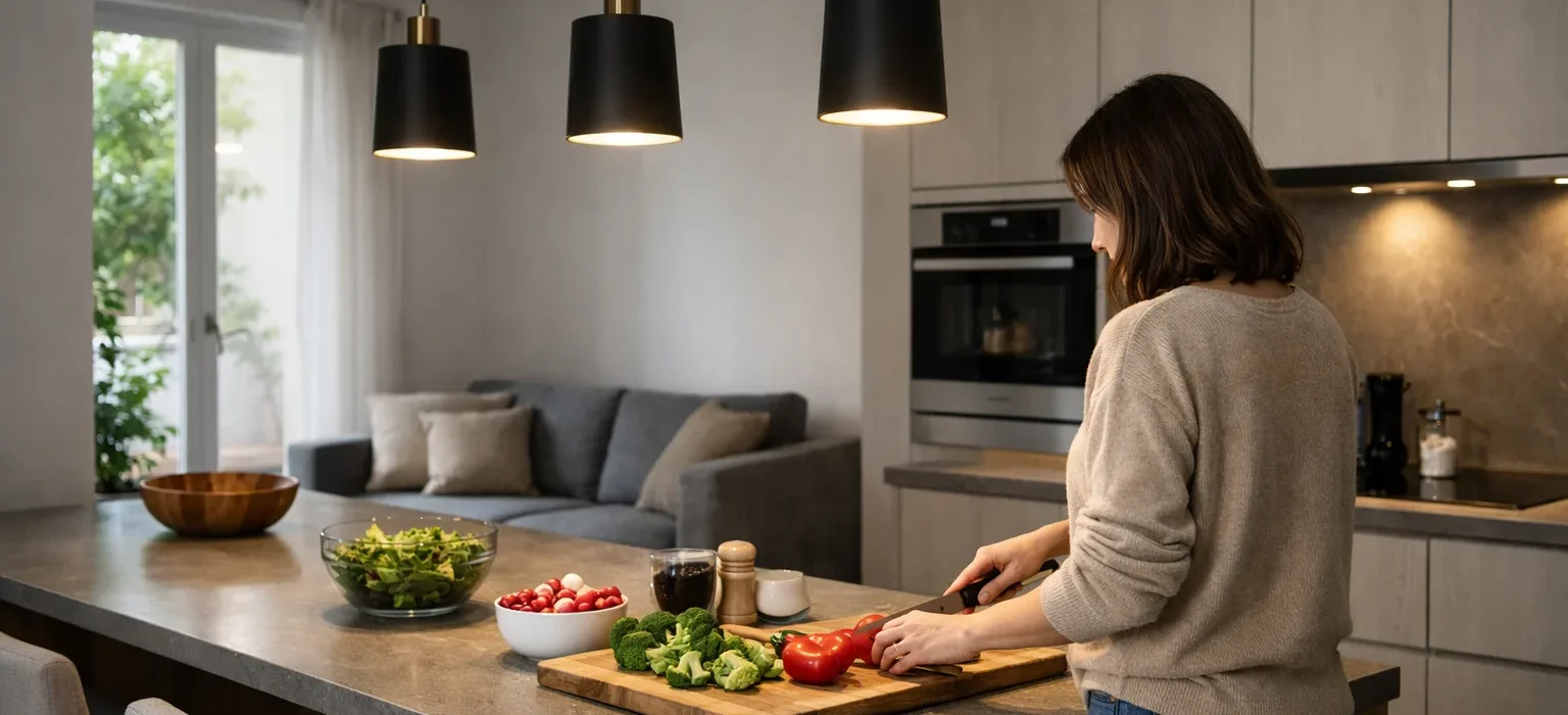 Une personne prépare des légumes sur un îlot de cuisine éclairé par des suspensions, avec des tabourets à l’autre extrémité.