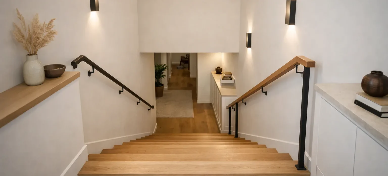 Escalier intérieur dont les marches sont éclairées par des appliques murales discrètes.