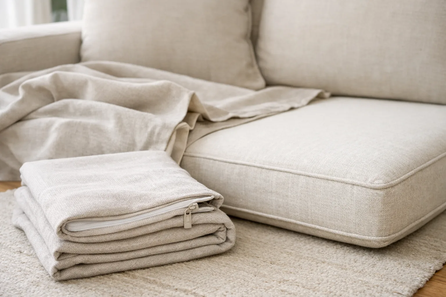 Housse de canapé en tissu pliée près d’un coussin d’assise.