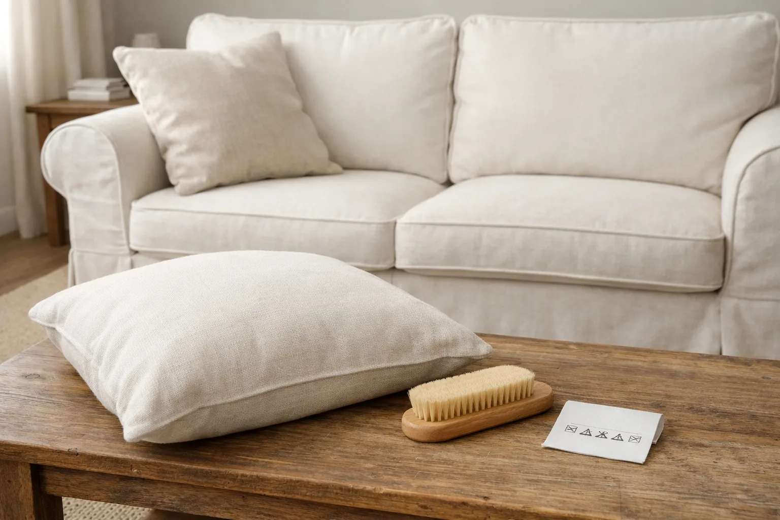 Canapé clair et coussin posés près d’une brosse textile dans un salon.