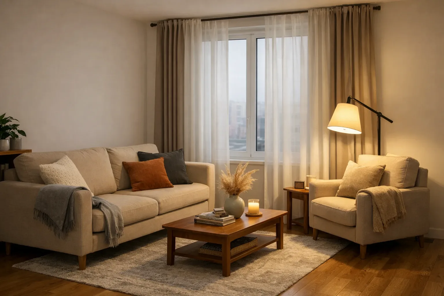 Canapé installé sur un tapis, près d’une fenêtre habillée de rideaux et d’une lampe de lecture.