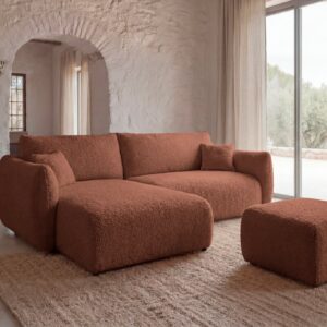 Canapé d’angle Casanova Paris Duo Elio en bouclette terracotta avec pouf