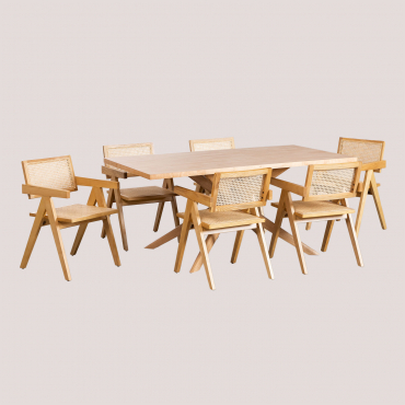 Table à manger Arnaiz Lali avec six chaises à accoudoirs et rotin