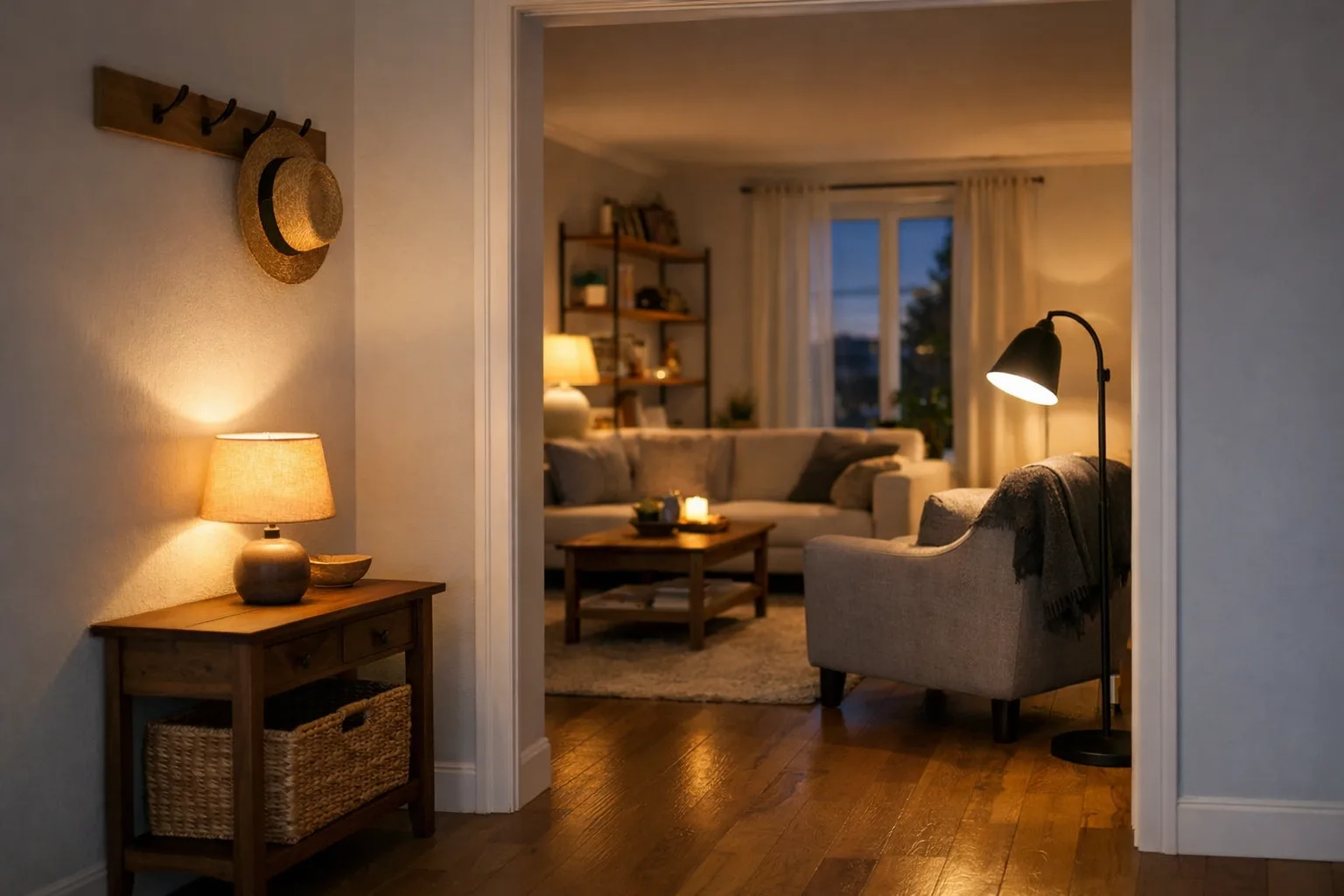 Une lampe éclaire le rangement près de la porte, tandis qu’une autre se trouve à côté d’un fauteuil de lecture dans le séjour.