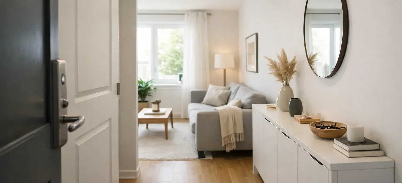 Une entrée d’appartement donne sur un séjour ; un rangement étroit longe le mur et le passage vers le canapé reste libre.