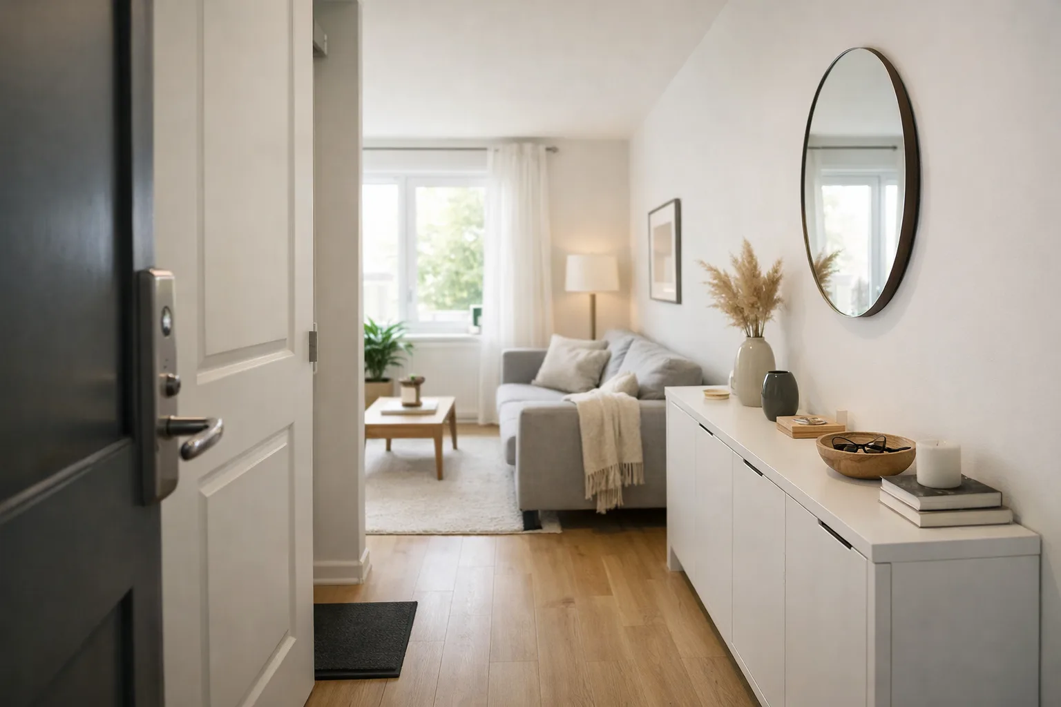 Une entrée d’appartement donne sur un séjour ; un rangement étroit longe le mur et le passage vers le canapé reste libre.