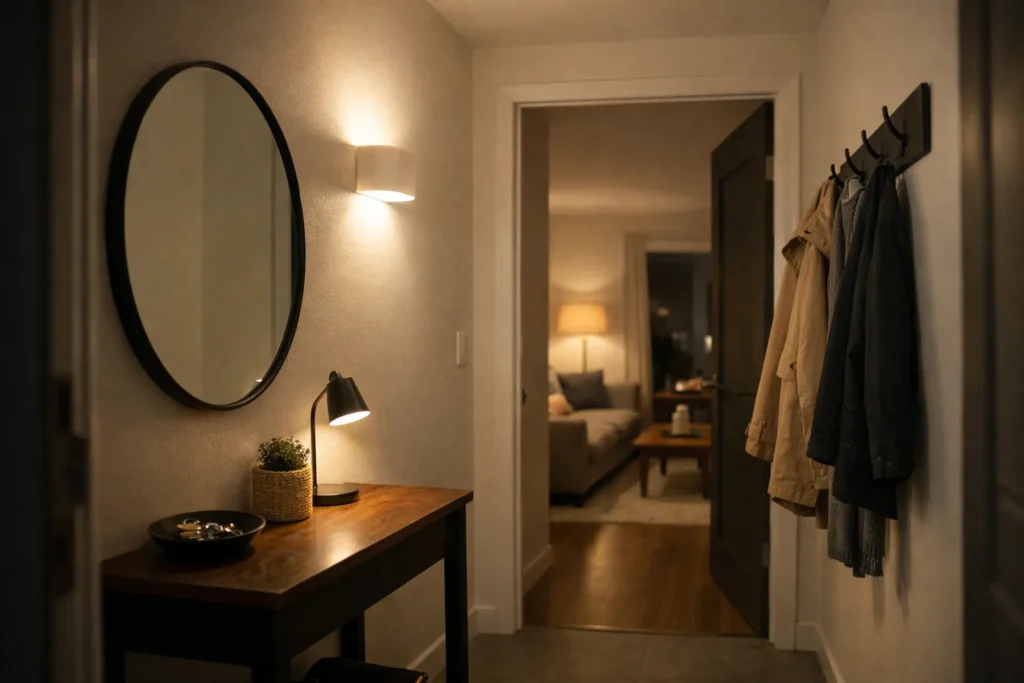 Entrée sans fenêtre avec une console, un miroir et une applique qui éclaire le passage vers le séjour.