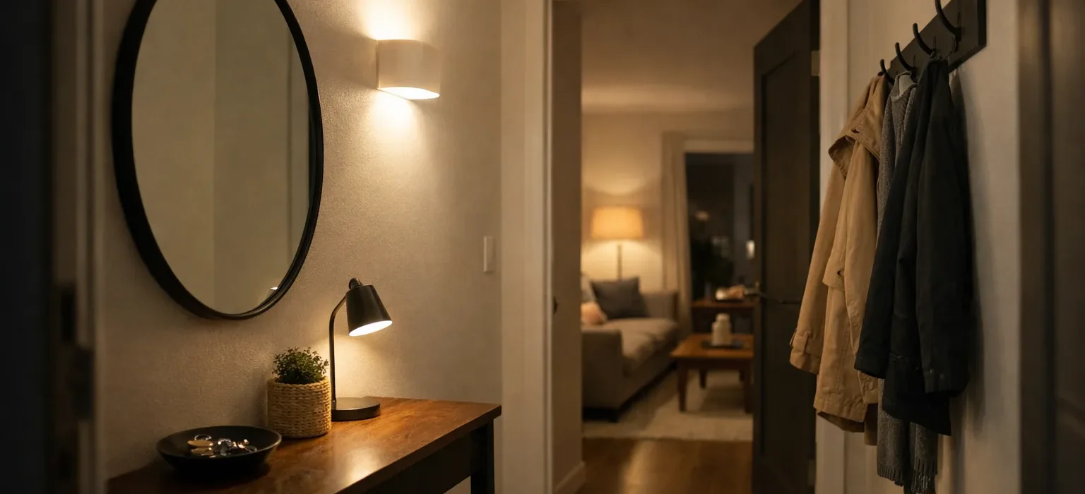 Entrée sans fenêtre avec une console, un miroir et une applique qui éclaire le passage vers le séjour.