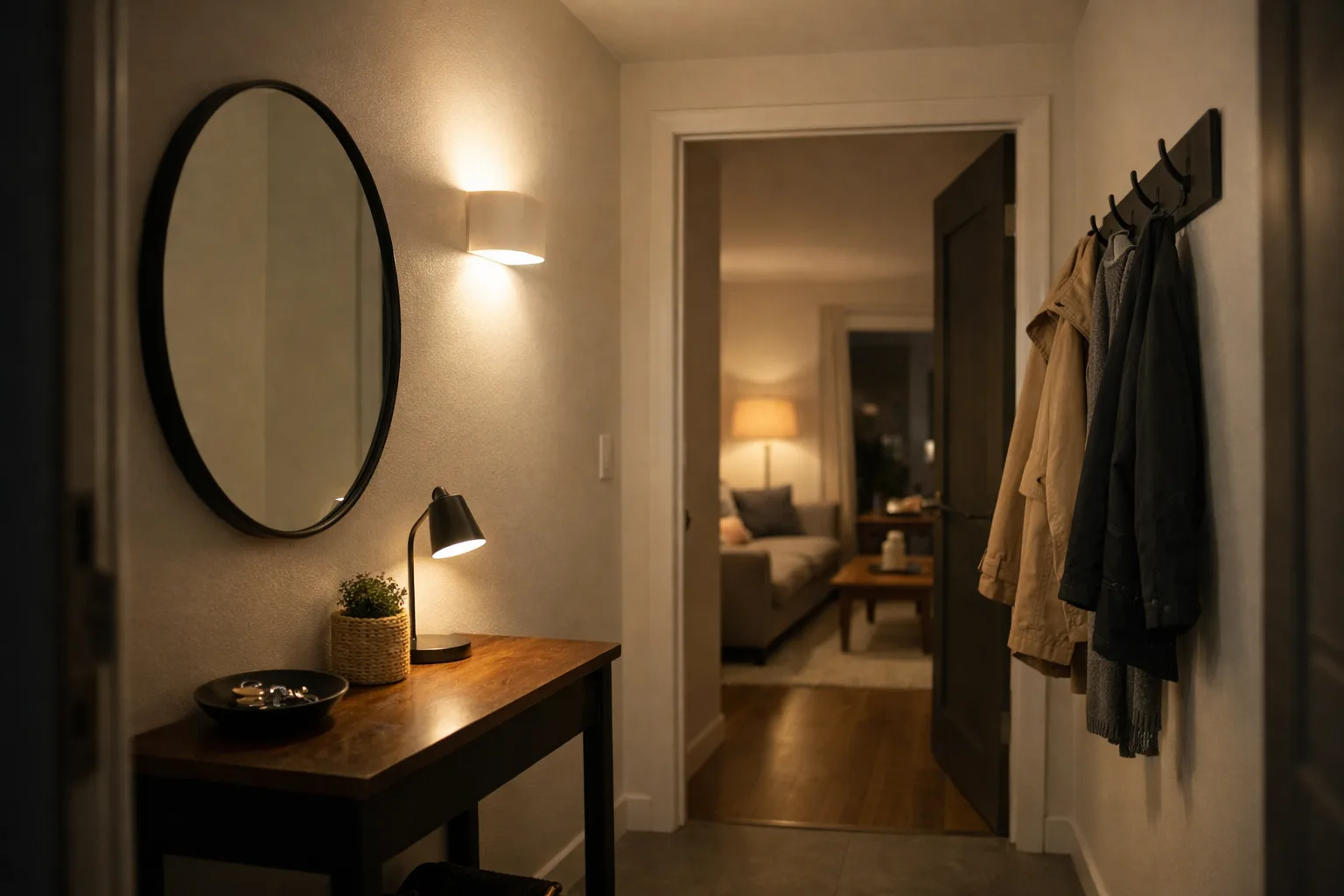 Entrée sans fenêtre avec une console, un miroir et une applique qui éclaire le passage vers le séjour.
