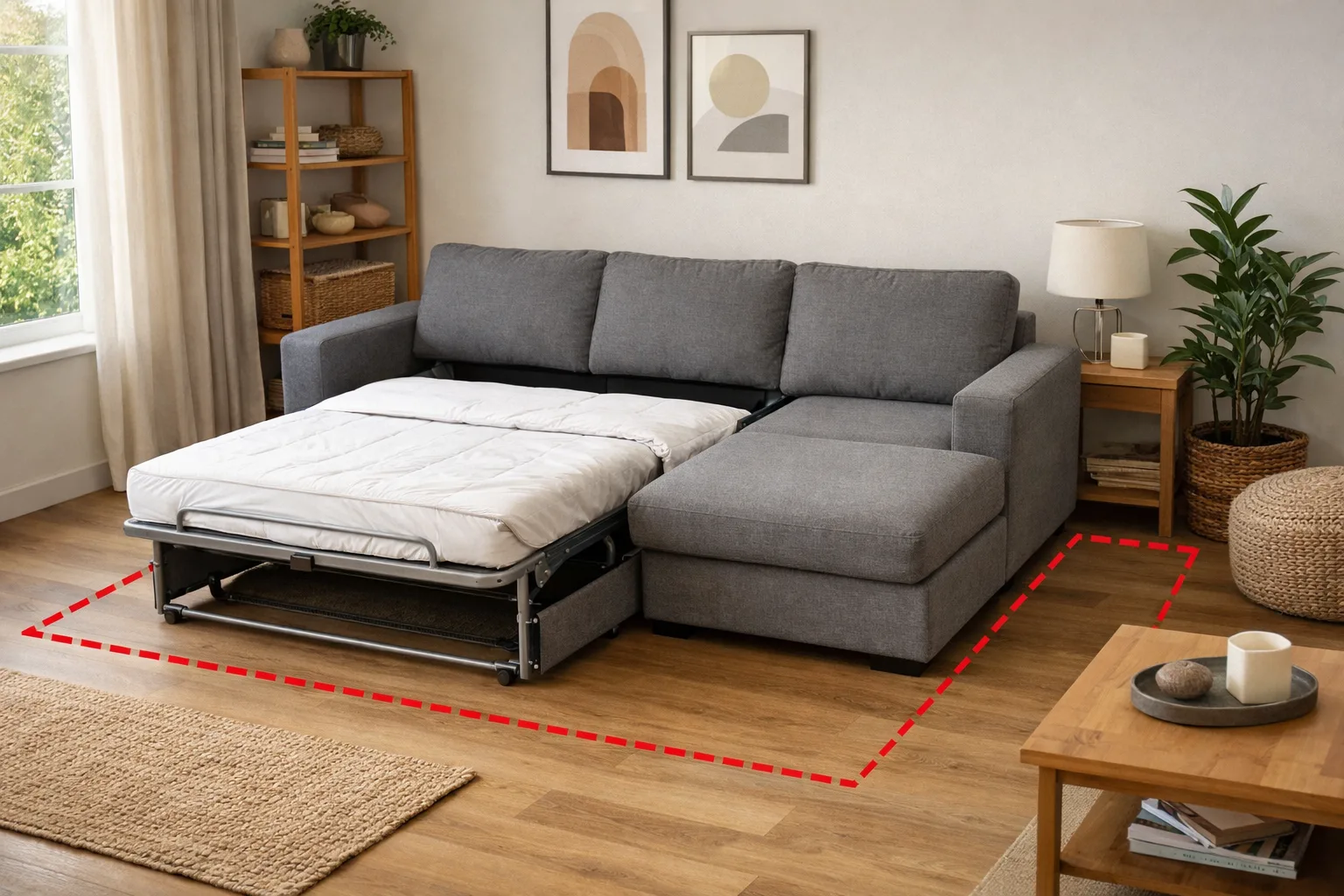 Un canapé convertible avec méridienne est partiellement ouvert, avec la table basse déplacée pour libérer la zone de couchage.