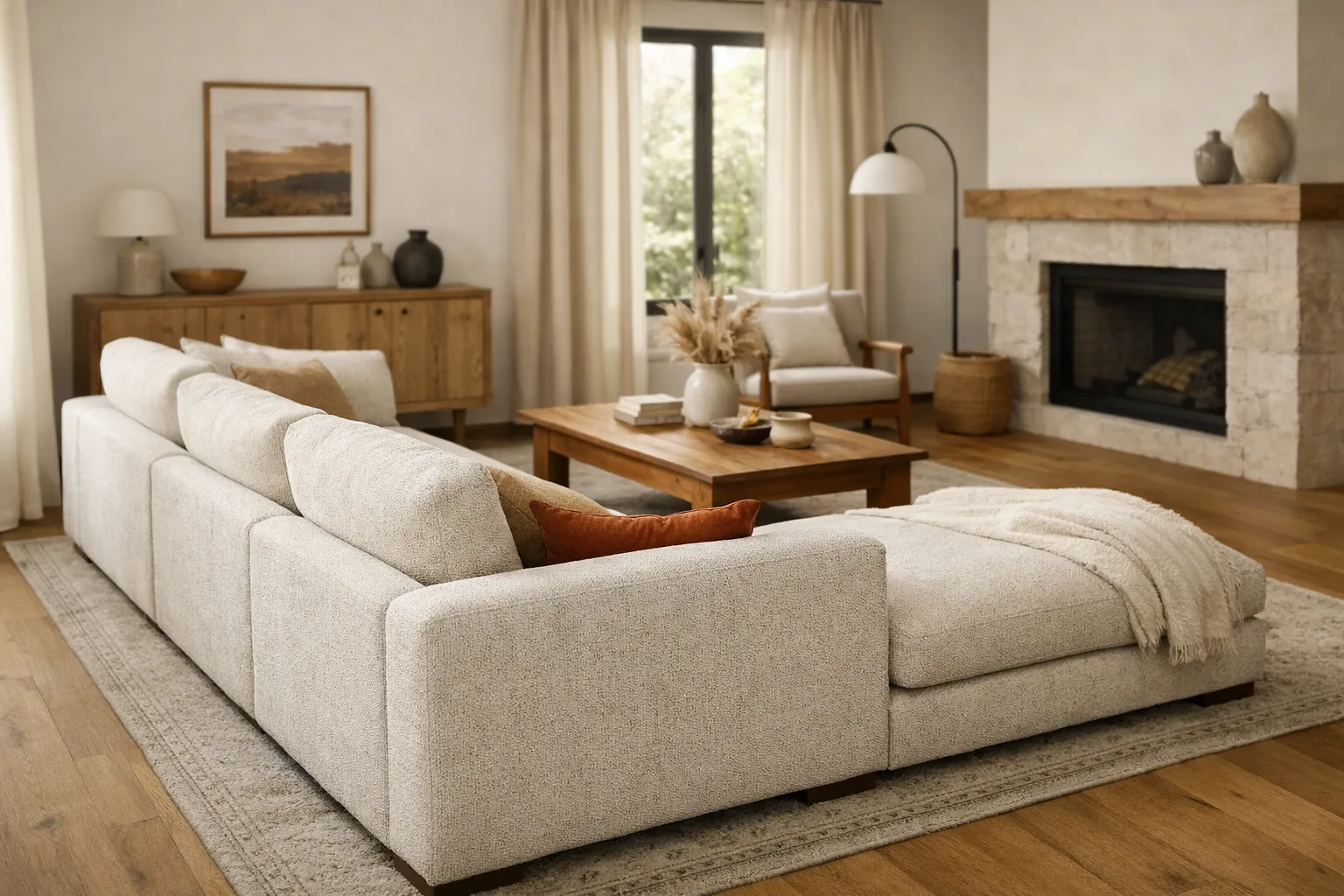 Canapé en tissu texturé associé à un tapis discret, des rideaux unis et une table basse en bois.