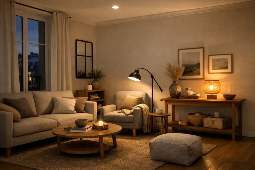 Un séjour aménagé avec une suspension, une lampe de lecture près d’un fauteuil et une lampe posée sur une console.