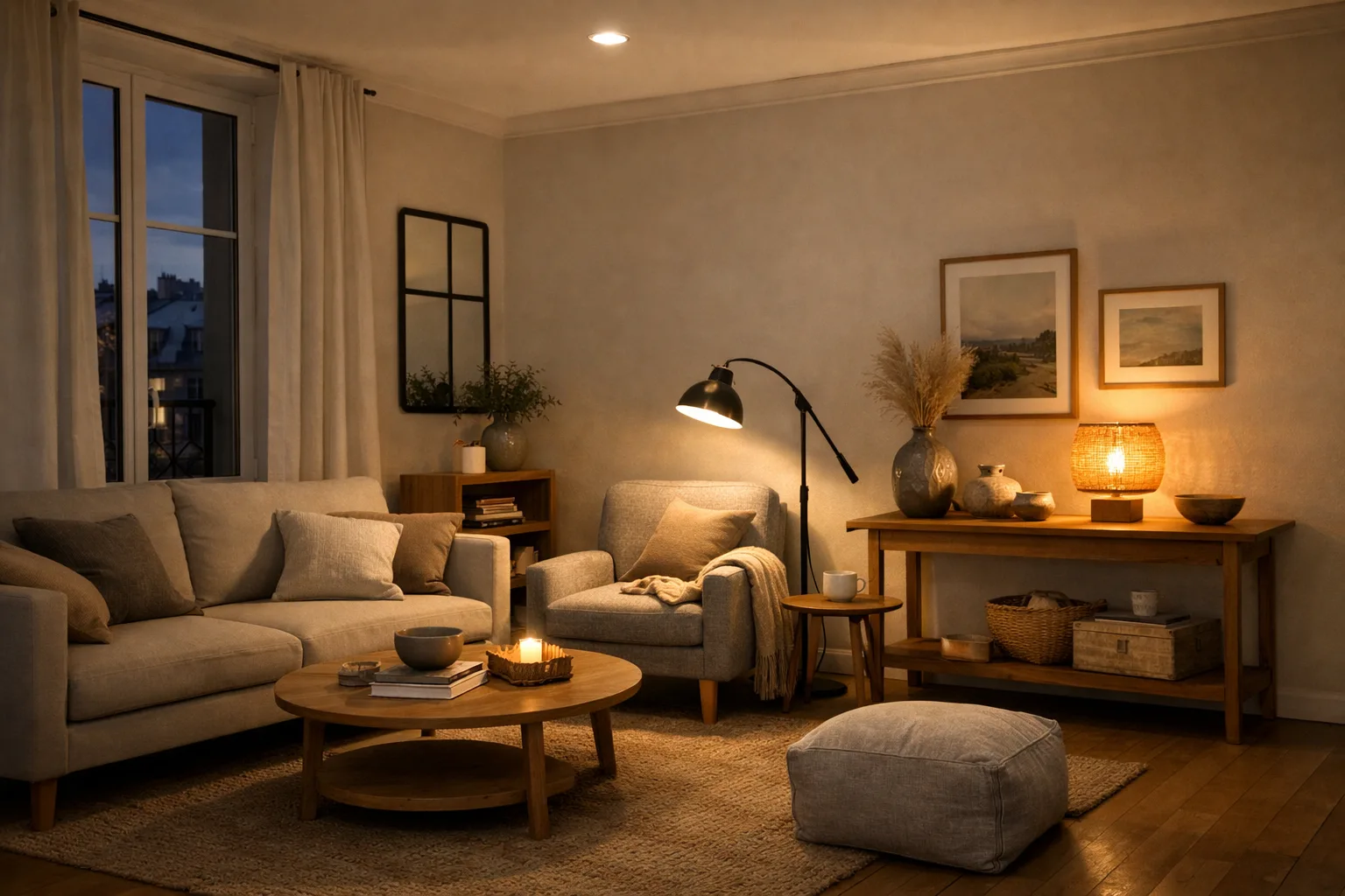 Un séjour aménagé avec une suspension, une lampe de lecture près d’un fauteuil et une lampe posée sur une console.