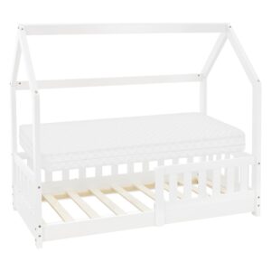 Lit cabane enfant ML-Design blanc avec toit, barrière et matelas inclus