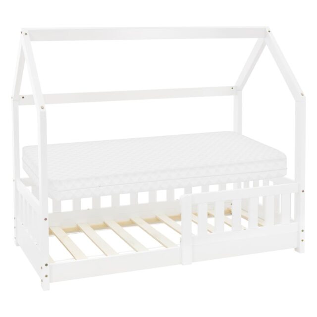 Lit cabane enfant ML-Design blanc avec toit, barrière et matelas inclus