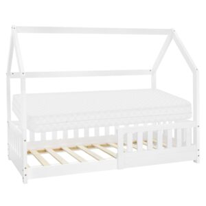 Lit cabane enfant ML-Design blanc avec toit, barrière, sommier et matelas