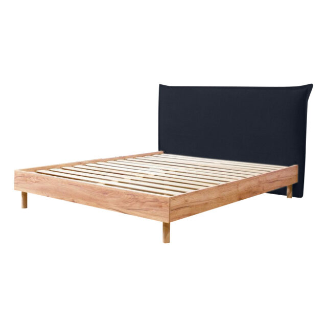 Lit BOBOCHIC CHARLIE bleu foncé avec tête de lit textile et pans en bois