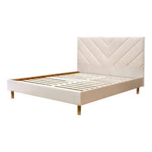 Lit BOBOCHIC ROMANE en velours beige, tête de lit piquée et sommier à lattes