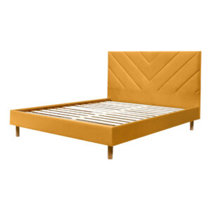 Lit Bobochic Romane en velours jaune, tête de lit piquée et sommier inclus